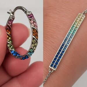 Rainbow CZ Hoop Earrings Set with Adjustable Bolo Bracelet Pride‎ Sparkly Glam